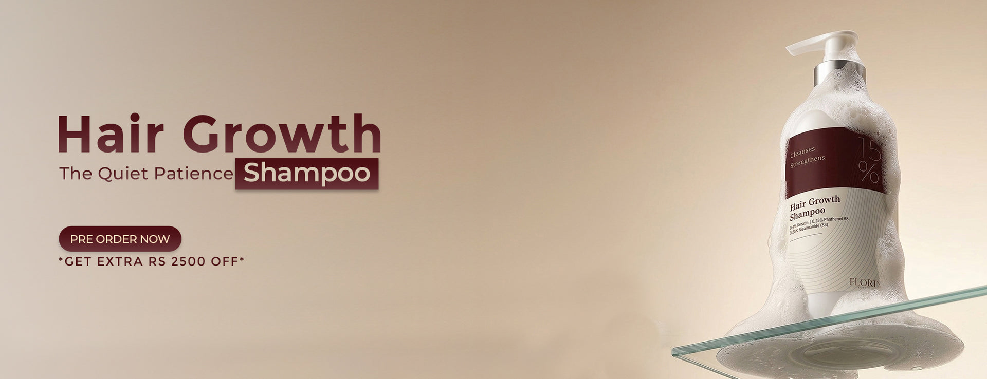 A bottle of Hair Growth Shampoo displayed on a glass shelf against a beige background, with promotional text on the left.